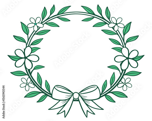 Elegant floral wreath design featuring delicate white flowers green leaves and a stylish ribbon bow element. wreath, floral, flowers, white, green, leaves.