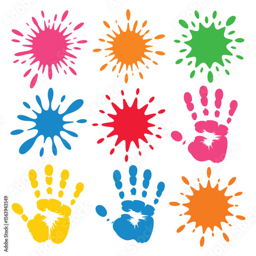 Color ink splatter vector set: paint splash, handprints, blot illustrations