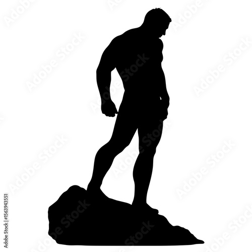 Silhouette of standing man on rock against white background. This strong man silhouette image highlights athletic build and strong posture, while emphasizing muscular physique. 