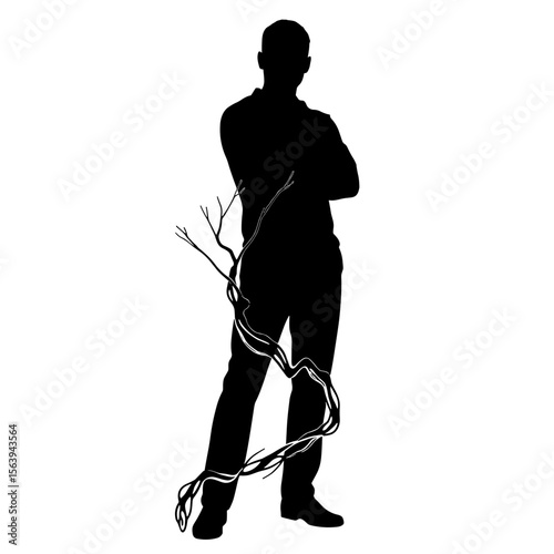 Man silhouette with bare branches creates a striking image, man silhouette in full length with crossed arms. Abstract man silhouette blended with natural elements adds symbolic depth