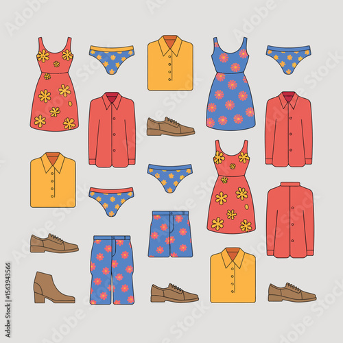 Collection of flat design summer clothing and shoes for men and women