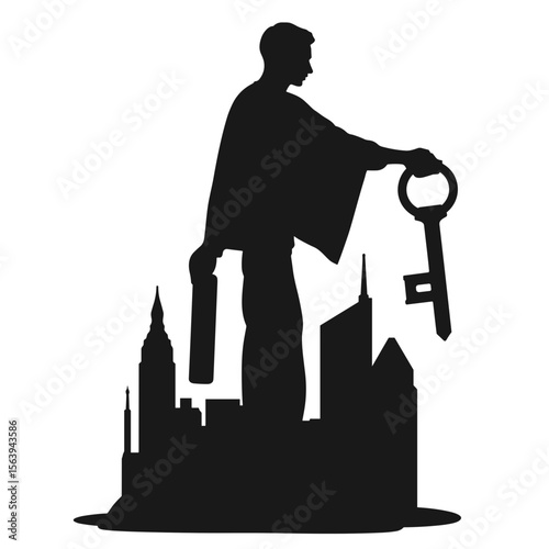Silhouette of man holding key above cityscape. This silhouette depicts man with key, standing tall above urban skyline with skyscrapers. The silhouette is concept for real estate investment