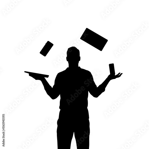 Silhouette of man juggling tech devices, including tablet, smartphone, and power banks on white background. Juggling electronic devices requires multitasking, focus, and coordination