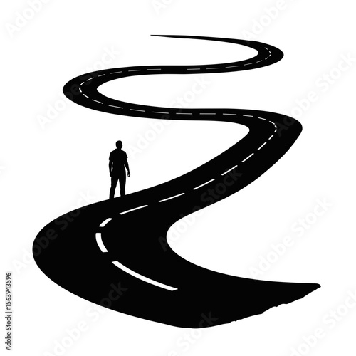 Silhouette person standing on winding road. Silhouette man contemplates journey, as path stretches into distance. A silhouette offers strong visual metaphor for life's decisions