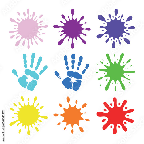 Color ink splatter vector set: paint splash, handprints, blot illustrations
