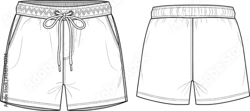 Shorts design sketch, elastic waistband, drawstring closure, pocket detail, stitching illustration, front and back view, apparel layout, fashion garment concept, designer art