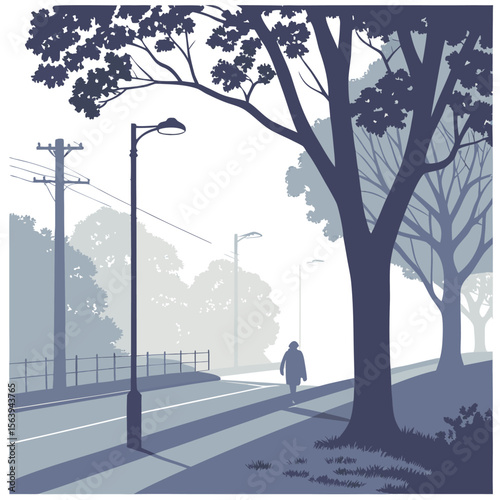 A lone figure walks down a misty road lined with trees and streetlights on a quiet overcast morning with telephone poles