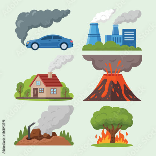 Collection of environmental pollution sources including car exhaust factory smoke volcano and burning tree