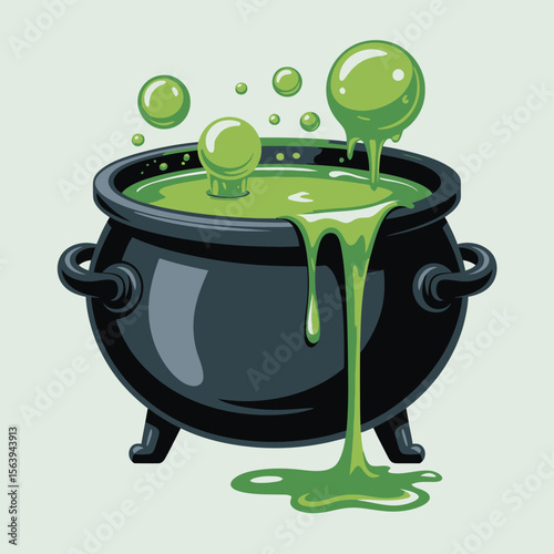 Bubbling green potion overflowing from a black witch s cauldron
