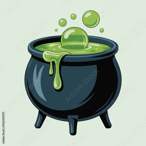 Bubbling green potion in a black cauldron with dripping liquid and bubbles
