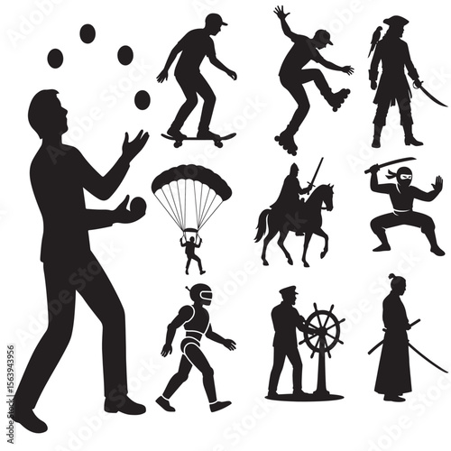 Silhouette Set of Action Figures Juggler, Skater, Parachuter, Ninja, Warrior & More