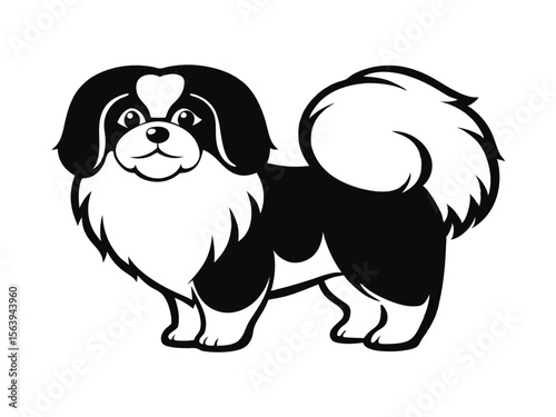Pekingese dog silhouette vector illustration, pet clipart, black and white animal shape