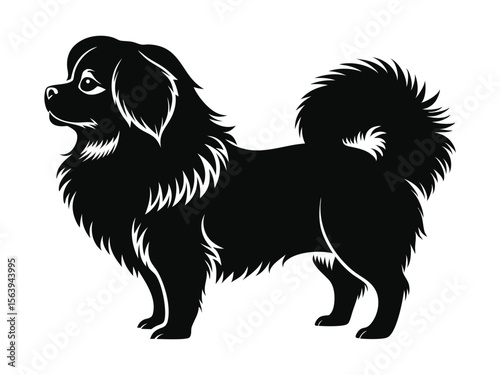 Pekingese dog silhouette vector illustration, pet clipart, black and white animal shape