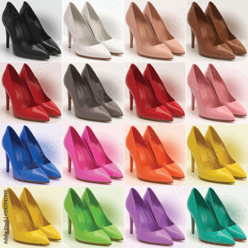 Collection of colorful high heel shoes arranged in a grid pattern