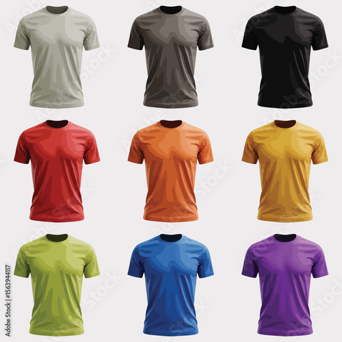 Collection of nine colorful t shirts displayed in a grid against a light background