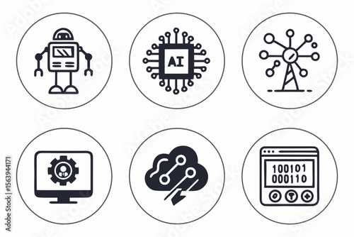 Six artificial intelligence icons isolated on white background