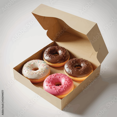 Four assorted donuts with colorful frosting and sprinkles in an open cardboard box