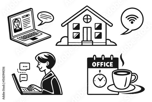 Icons show a laptop, house, woman, calendar, and cup of coffee