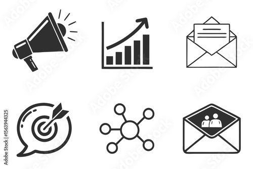 Marketing icons show a megaphone, graph, email, and target with arrow