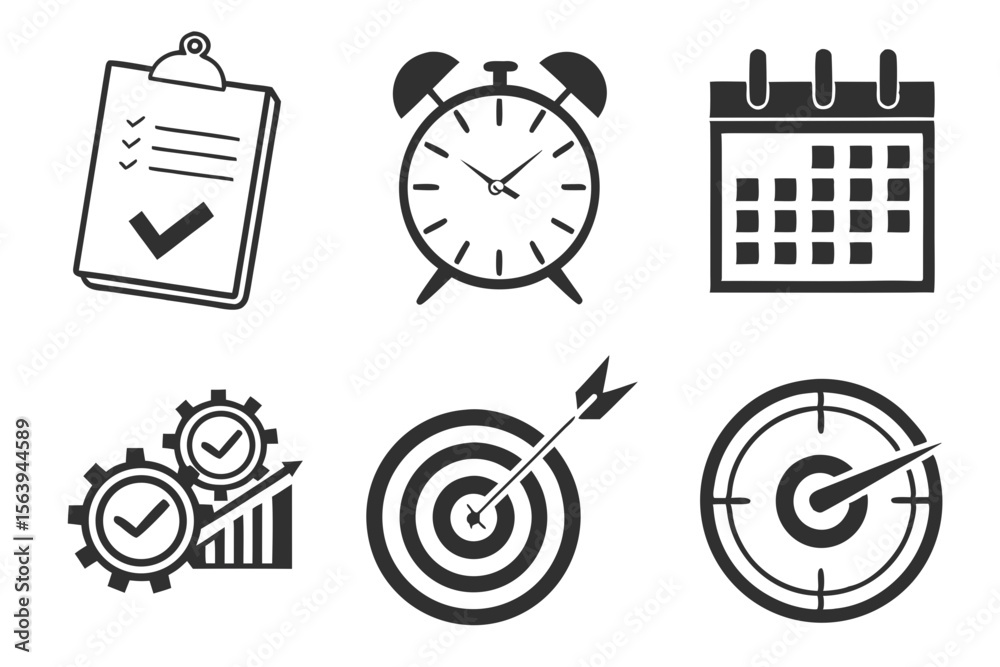 A clipboard, clock, calendar, gears, and target isolated on white A clipboard, clock, calendar, gears, and target isolated on white