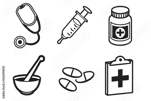 Medical equipment and pills isolated on white background