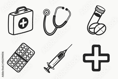 Medical equipment and pills isolated on white background