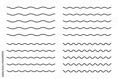 Vector wavy and zigzag horizontal underline. Waves line set. Set of wavy lines. Wave line set. Vector water waves. 