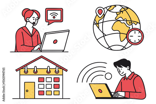 People working remotely from home with laptops and online connections