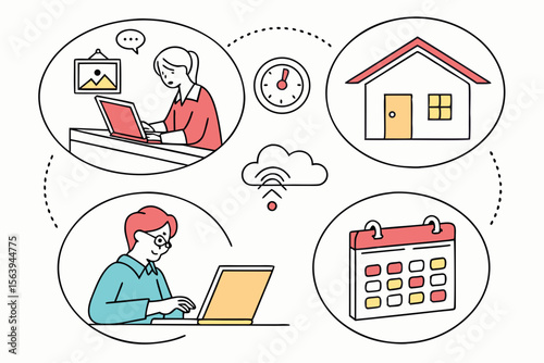People working remotely from home with laptops and online connections