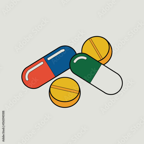 Colorful medical pills and capsules arranged on a light gray background