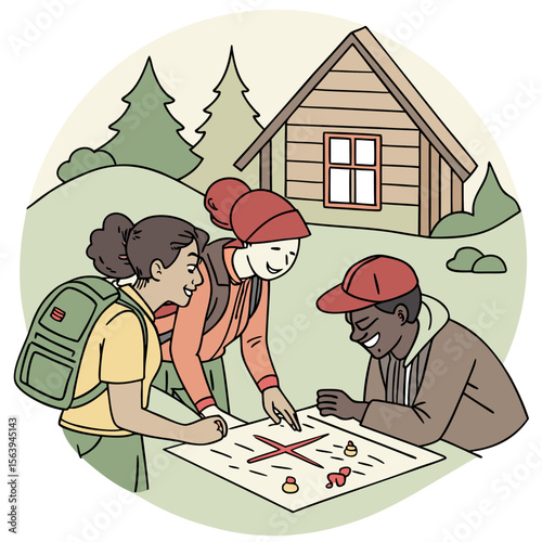 Three diverse friends with backpacks gather around a map planning their outdoor adventure near a rustic wooden cabin in a forest setting