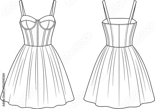 Structured bodice dress sketch, fashion illustration, flared skirt silhouette, garment technical drawing, front and back views, apparel layout, designer clothing concept, pattern design