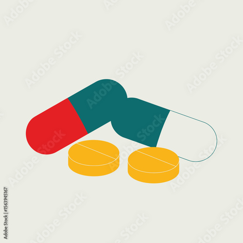 Abstract illustration of a red and teal capsule alongside two yellow pills