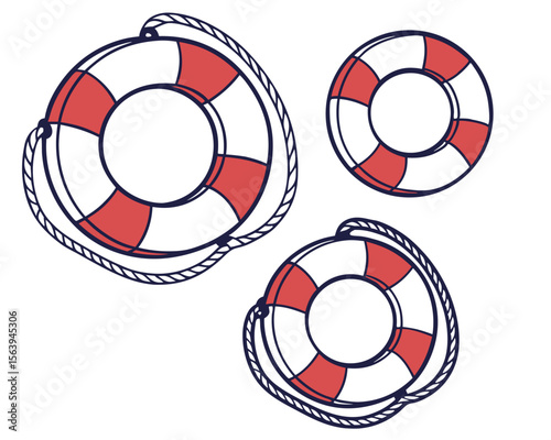 Nautical lifesavers with red and white stripes adorned with rope for maritime safety. lifebuoy, lifesaver, floatation device, ring buoy.