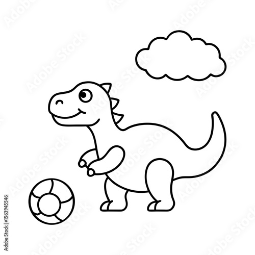dinosaur playing soccer in a grassy coloring book art.