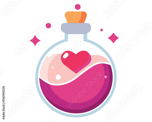 Love potion illustration with heart inside a glass bottle in flat design style for valentine’s day.