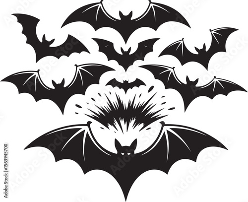Spooky Bat Silhouette Swarm Against White Background