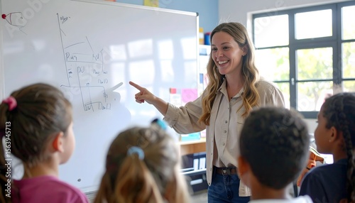 Smiling Teacher Explaining Lesson to Elementary Students in Bright Classroom