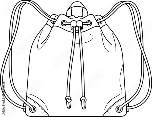Drawstring backpack design, top flap buckle closure, shoulder straps, fashion accessory sketch, technical illustration, garment layout, bag structure, backpack concept art, designer drawing