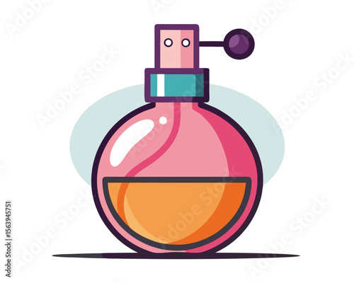 Colorful cartoon illustration of a vintage perfume bottle with floral and cosmetic design elements.