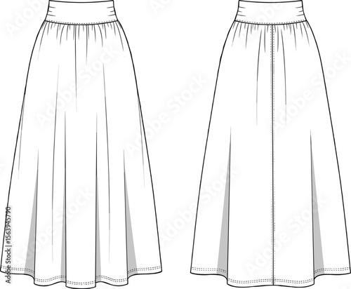 Skirt technical drawing, fashion design sketch, pleated garment design, front and back views, sewing pattern layout, apparel illustration, skirt concept art, designer style