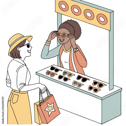 A happy woman tries on sunglasses at a market stall with a variety of stylish eyewear options displayed for sale