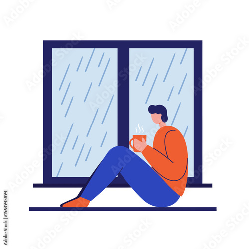 Cozy Moment: A person sits contentedly by a window, cradling a steaming mug, while raindrops gently cascade outside, encapsulating a sense of peace.