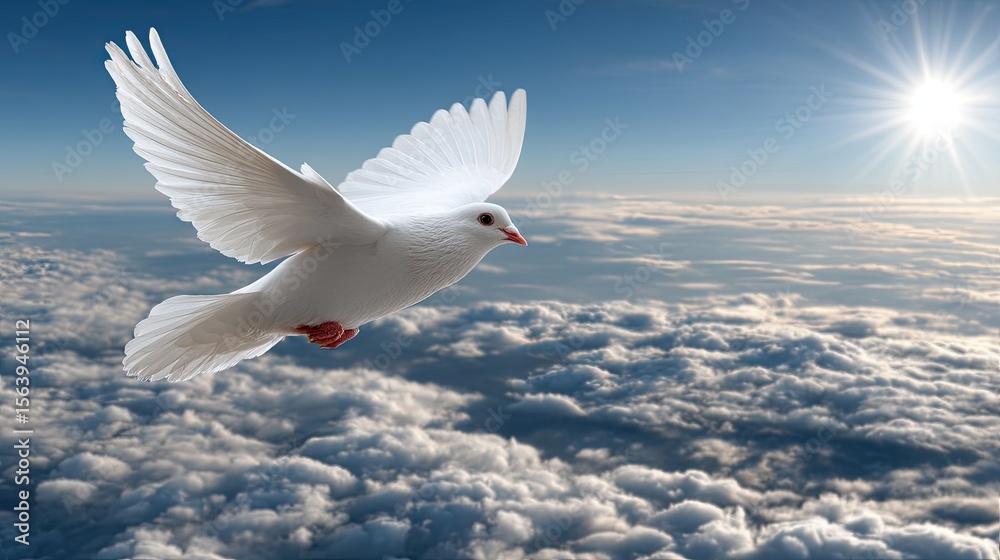 Fototapeta premium A white dove flies high in a blue sky, surrounded by fluffy clouds with sunlight breaking through, creating a serene atmosphere