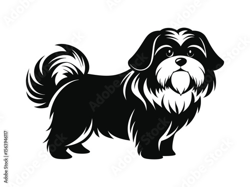 Shih Tzu dog silhouette vector illustration, pet clipart, black and white animal shape