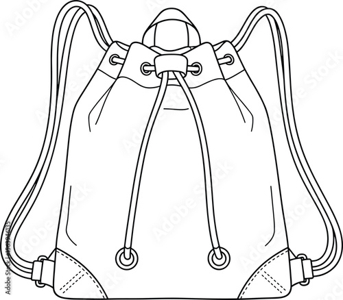 Backpack design sketch, drawstring closure, shoulder straps, bag illustration, technical drawing, fashion accessory, buckle detail, bag concept, designer artwork, minimalist layout