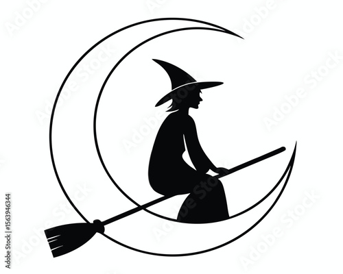 Silhouette of a witch on a broomstick riding on a crescent moon for halloween themes.