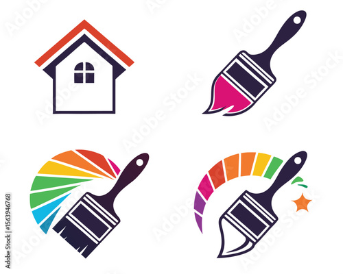 Colorful paint brushes and house icon illustrating home improvement and painting services vector design.
