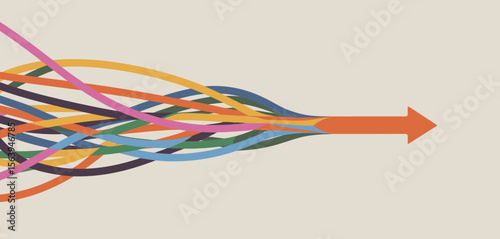 Multiple colorful strands converge into a single orange arrow symbolizing unity