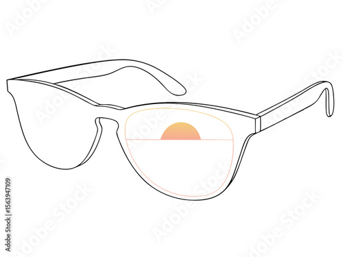 Sunglasses illustration with sunset reflection depicting leisure vacation and travel in vector style.
